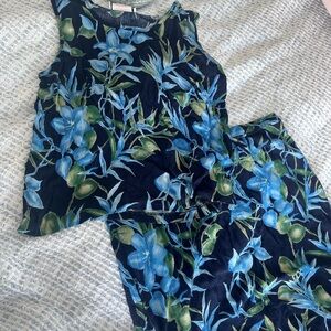 Floral Blue and Green Vintage Summer Matching Set with Midi Skirt